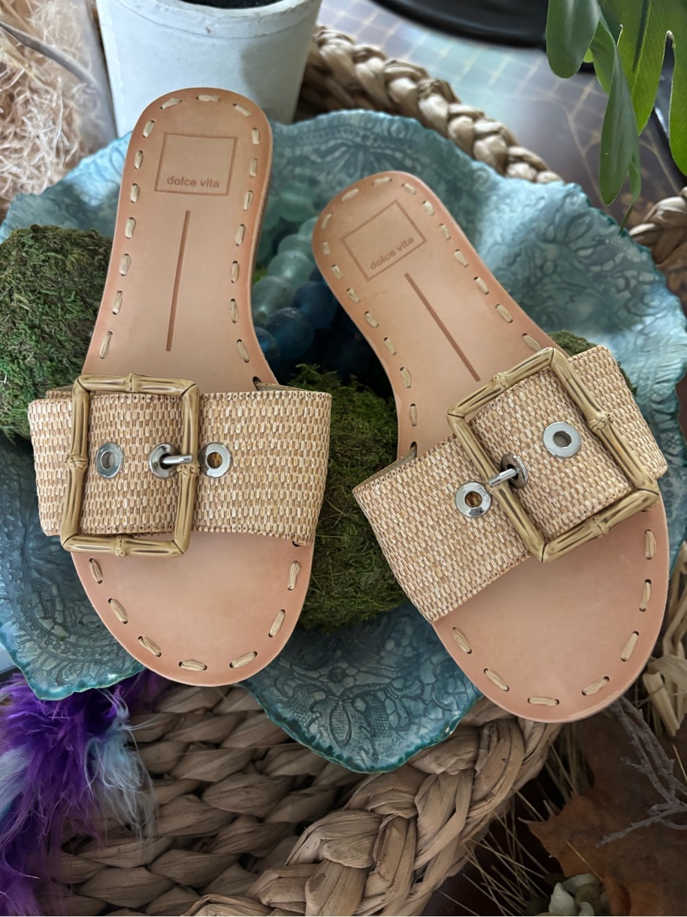 Dolce Vita Beige Raffia Buckle Slide Sandals